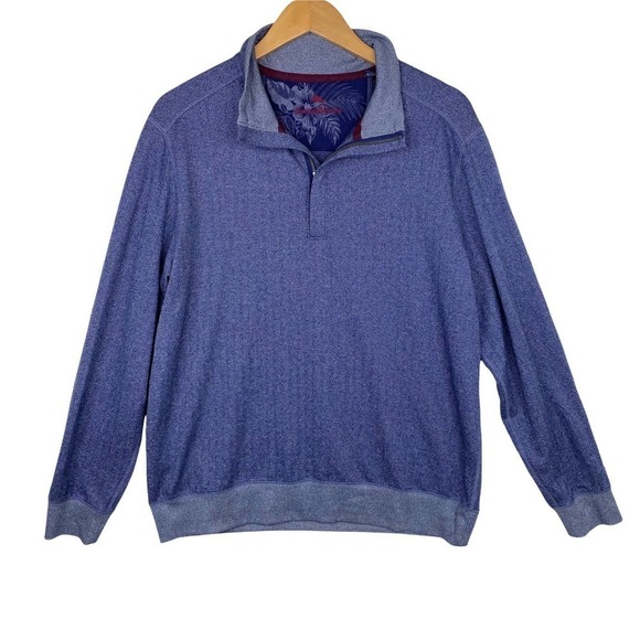 Men's Tommy Bahama Heathered Blue Herringbone 1/4 Zip Pullover- Medium - Picture 1 of 5